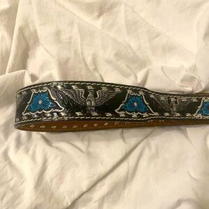 Vintage Mallory leather black and teal belt size 26 inch